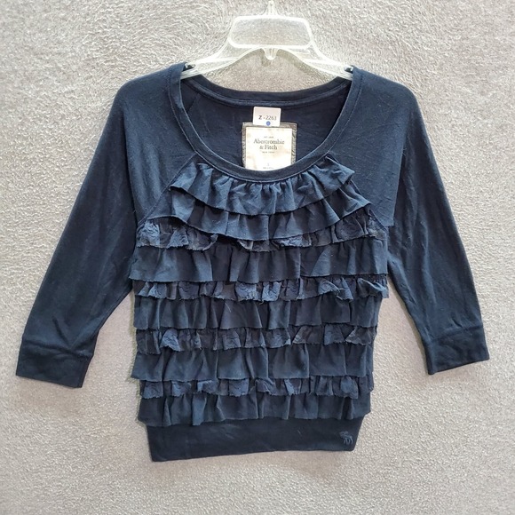 Abercrombie & Fitch Women Top Small Navy Tiered Ruffle Lace Details 3/4 Sleeve - Picture 1 of 7